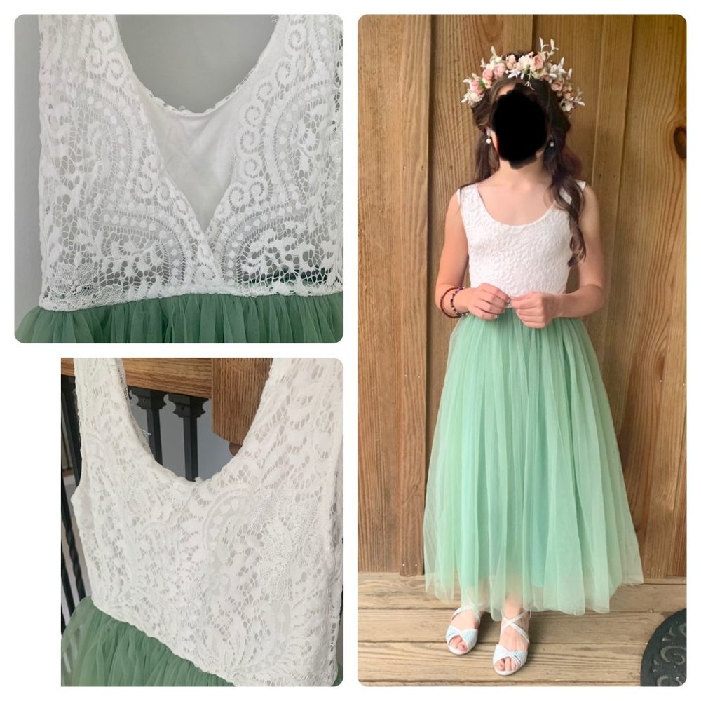 Sage Green Tulle Sleeveless Lace Top Scalloped Edges Back Party Flow